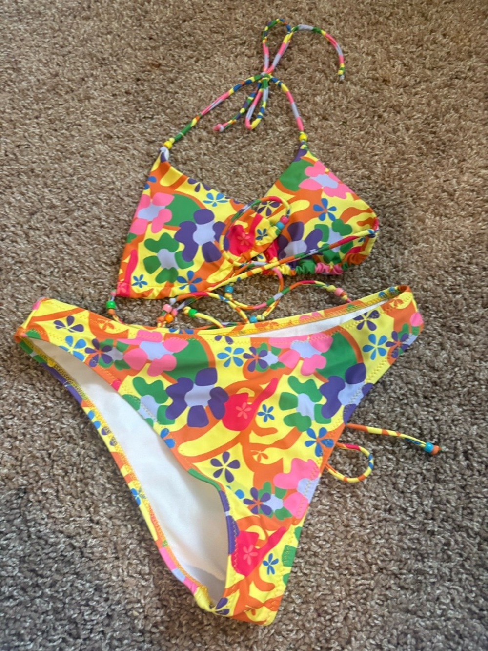 Bright Yellow Floral Tie-Back Bikini Set